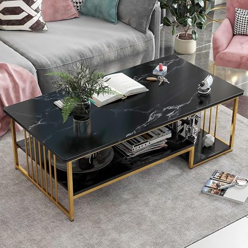 Weißer Couchtisch mit Stauraum, 99 cm große rechteckige Sofatische mit offener Ablage für Wohnzimmer, Mitteltisch, Couchtisch mit Marmor-Finish und Metallrahmen für Wohnzimmer, Esszimmer, He