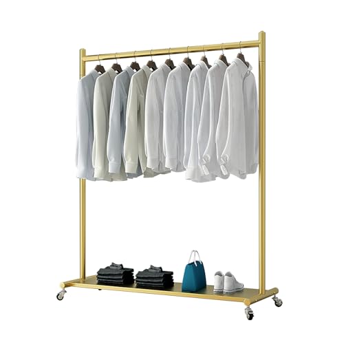 Exquisiter Metall-Kleiderständer mit unteren Regalen, goldener Kleiderständer mit Rädern, robust, tragbarer Roll-Hängeständer für den Innenbereich zur Aufbewahrung von Kleidung (Farbe: 80 x 40 x 155 c