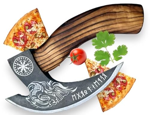 CraftTal Handgefertigte Pizza-Wikinger-Axt-Klinge aus Kohlenstoffstahl mit Rosenholzgriff, Adlerkopf-Pizza-Schneideaxt (Floki Pizza Cutter)