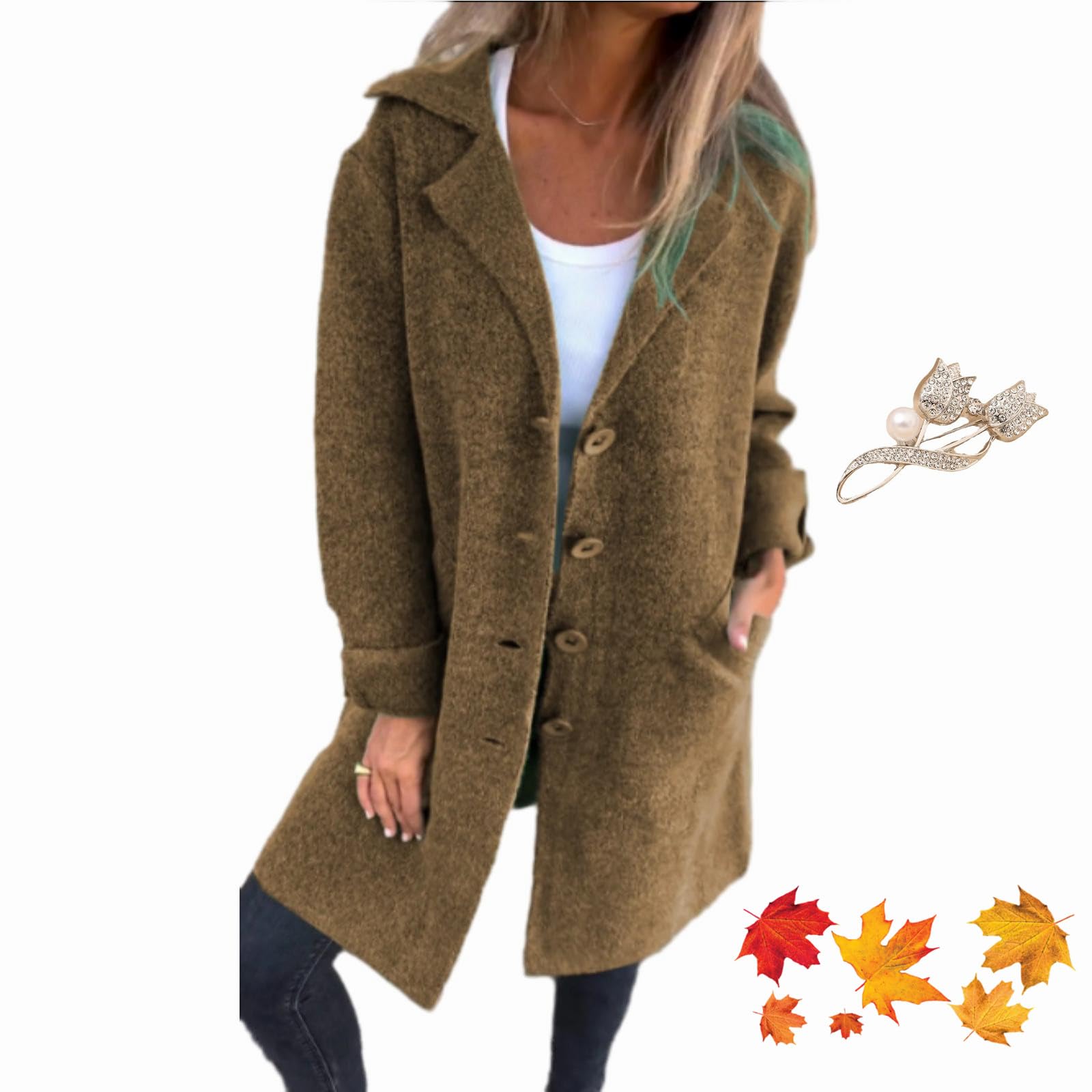 WINDEHAO Lässiger Revers Einreiher Langer Mantel 2024 Damen Vintage Revers Kragen Mantel Mid-Long Casual Pea Coat Trenchcoats für Frauen