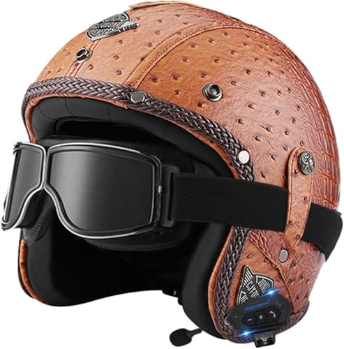 Offener Helm, Motorradhelm, Integrierter Bluetooth-Motorrad-Halbhelm, Retro-Vintage-Motor-Jet-Helm Mit Sonnenblende, Für Männer, Frauen, Erwachsene, DOT/ECE-Geprüft C,S55-56cm