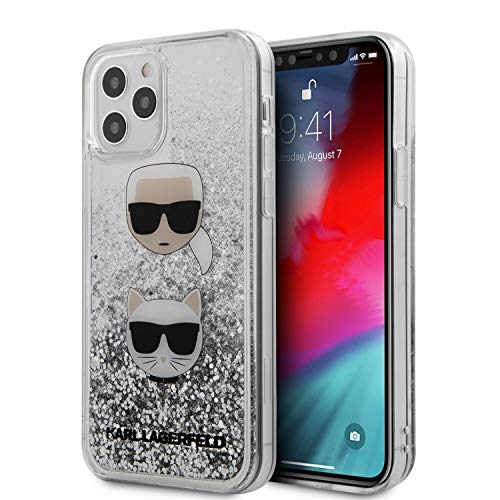 Karl Lagerfeld Handyhülle für iPhone 12 Pro Hard Case PC/TPU Liquid Glitter mit Karl & Choupette Heads Silber Easy Snap On Drop Protection Case Offiziell lizenziert