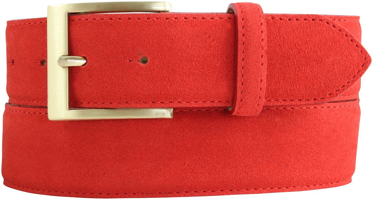 BELTINGER Jeans-Gürtel aus Veloursleder mit goldener Gürtelschnalle 4 cm | Velour-Ledergürtel 40mm | Herren-Gürtel Wildleder-Gürtel 4cm | Rot 95cm