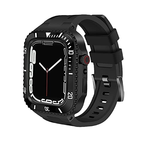 KANUZ Modifikationsset, Metall-Lünettenrahmen für iWatch 8, 7, 6, 5, 4 SE, Stahlband und Gummi-Uhrenarmband für Apple Watch Case Band 7, 45 mm, 44 mm (Farbe: Schwarz, Größe: 44 mm)