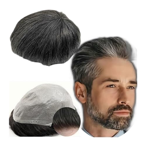 Perücke Männer 0,04 PU-Haut-Poly-Prothesen-Toupet for Männer, Yanahair-Glatthaar-Ersatzsystem, 100% europäische Echthaar-Haarteile Toupet für Herren(Black and grey)