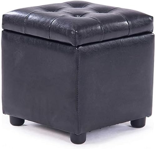 RAABYU Fußhocker Aufbewahrungsboxen Sitzhocker für Erwachsene Fußhocker Fußstütze und Multifunktionshocker Stuhl PU Holz Stoff Schlafzimmer, Schwarz 35 * 35 * 35cm