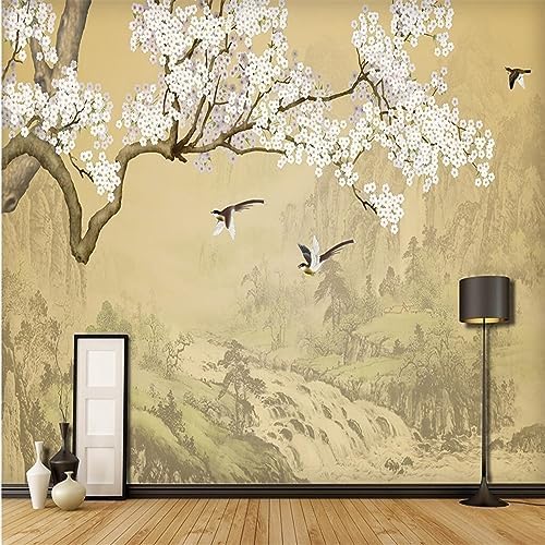 XLMING Handgemalte Vögel Und Blumen, Birnenblüte Und Tuschelandschaft 3D Tapete Home Dekoration Wohnzimmer Sofa Schlafzimmer Tv Hintergrund Wand-250cm×170cm