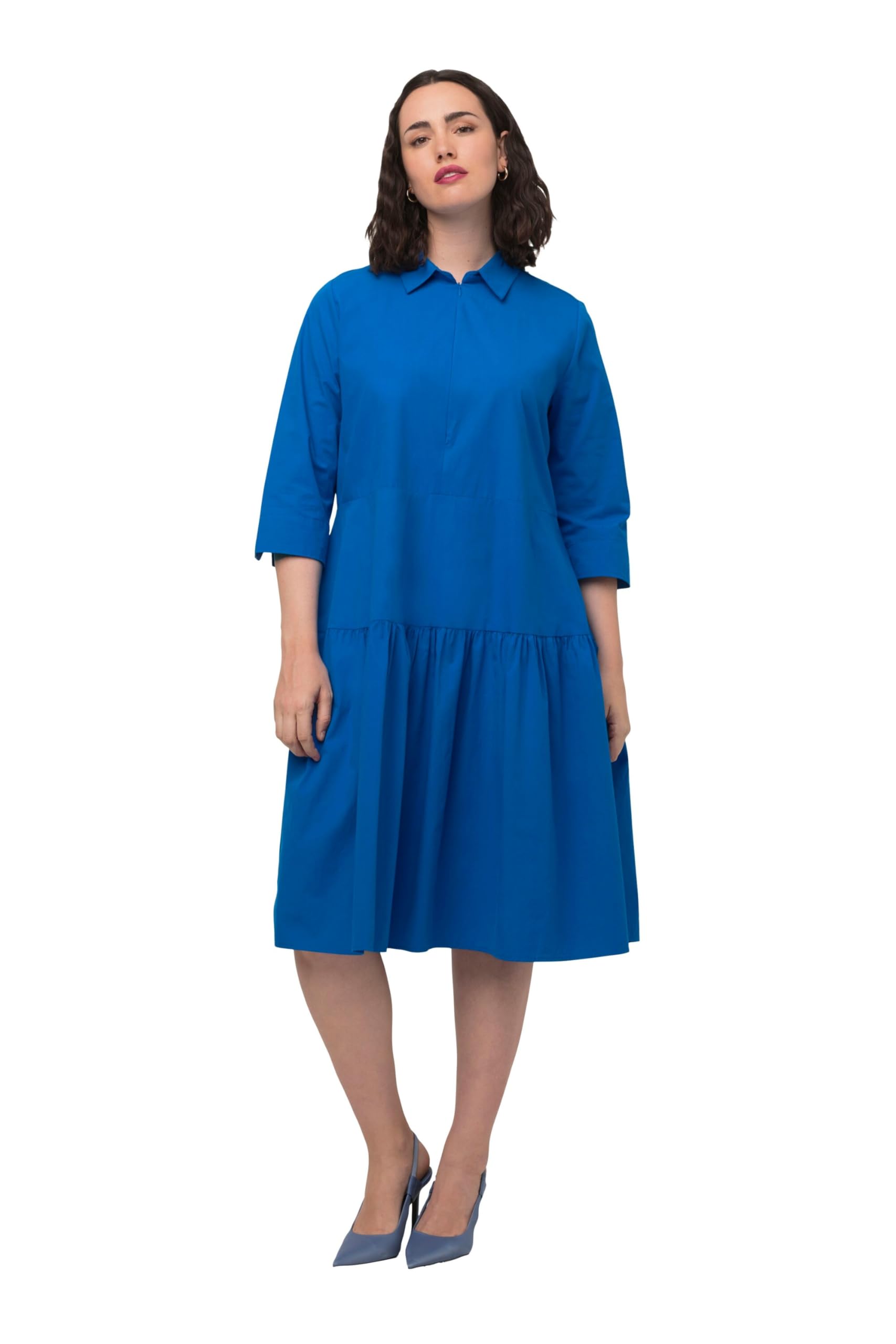 Ulla Popken Damen Hemdblusenkleid, Stufenrock, Hemdkragen, 3/4-Arm Kleid, lapisblau, 58-60