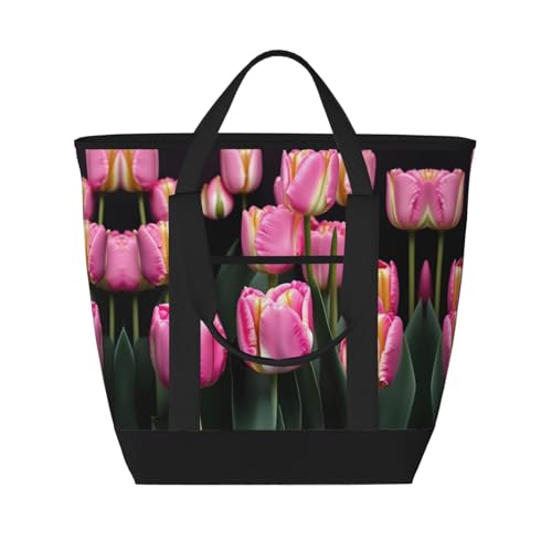 YQxwJL Isolierte Kühltasche, Einkaufstasche, Einkaufstasche, wiederverwendbar, für Erwachsene, Rosa und Tulpen, Schwarz, Einheitsgröße