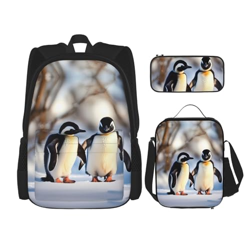 WURTON Junge Pinguine mit Schnee Drucken Lunchbox Federmäppchen, Rucksack Set 3 Stück verstellbare Streifen langlebig leicht, Schwarz, One Size, sc schwarz, Rozmiar uniwersalny