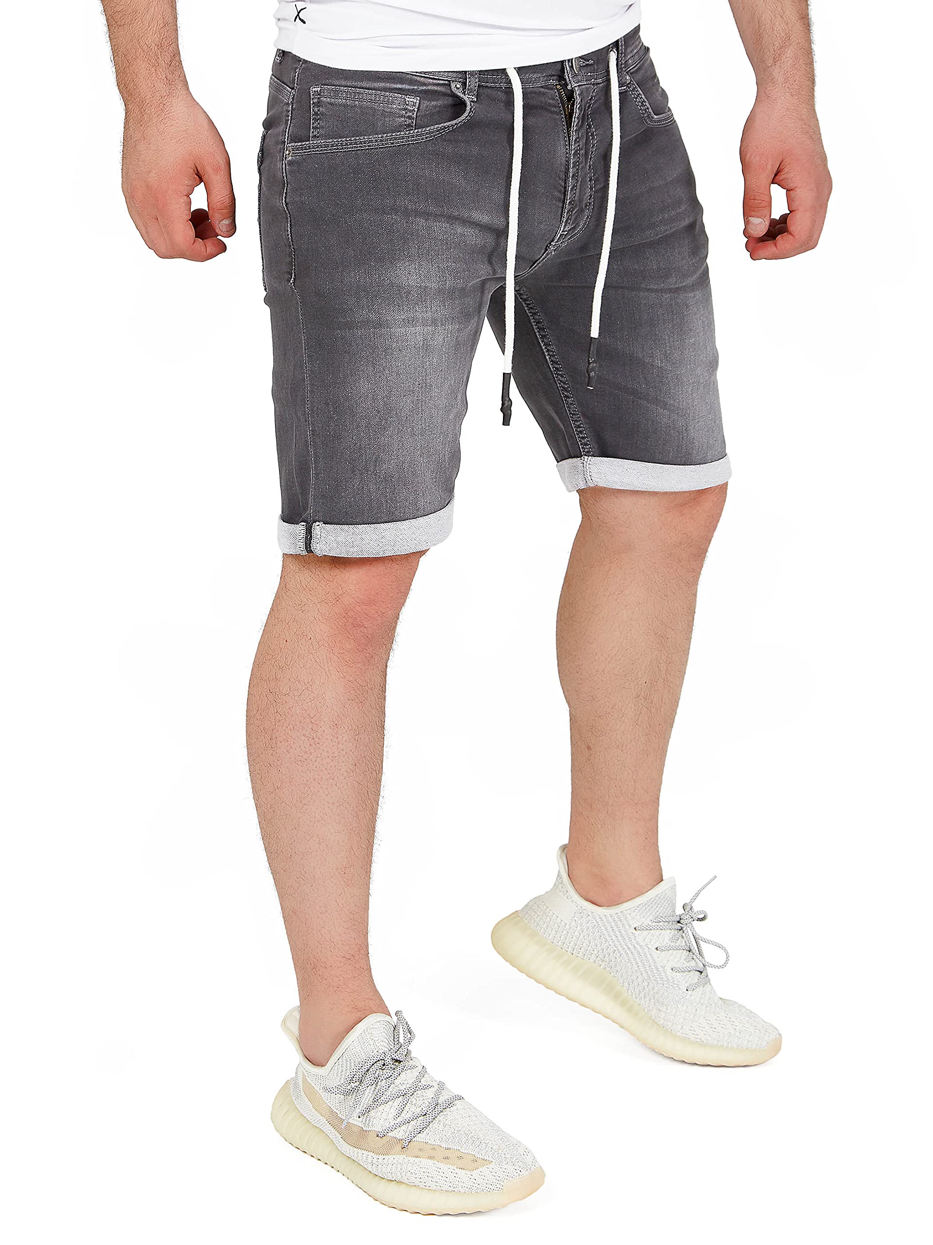 WOTEGA Sweat Jeans Kurz Knielange Hosen Herren Stretch Shorts mit Reißverschluss Kurze Hose Stoff Baumwoll Diego, Grau (Raven 190000), W31