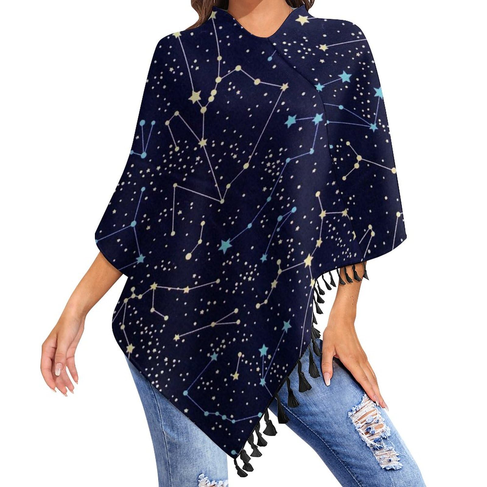 HABXNJF Lässiger Poncho-Oberteil für Damen, leuchtet im Dunkeln, Sternbilder, Mitternachtsschal für Frauen, Wickelschal mit Quasten für Herbst, Winter, schwarz-leuchtet im Dunkeln Sternbilder