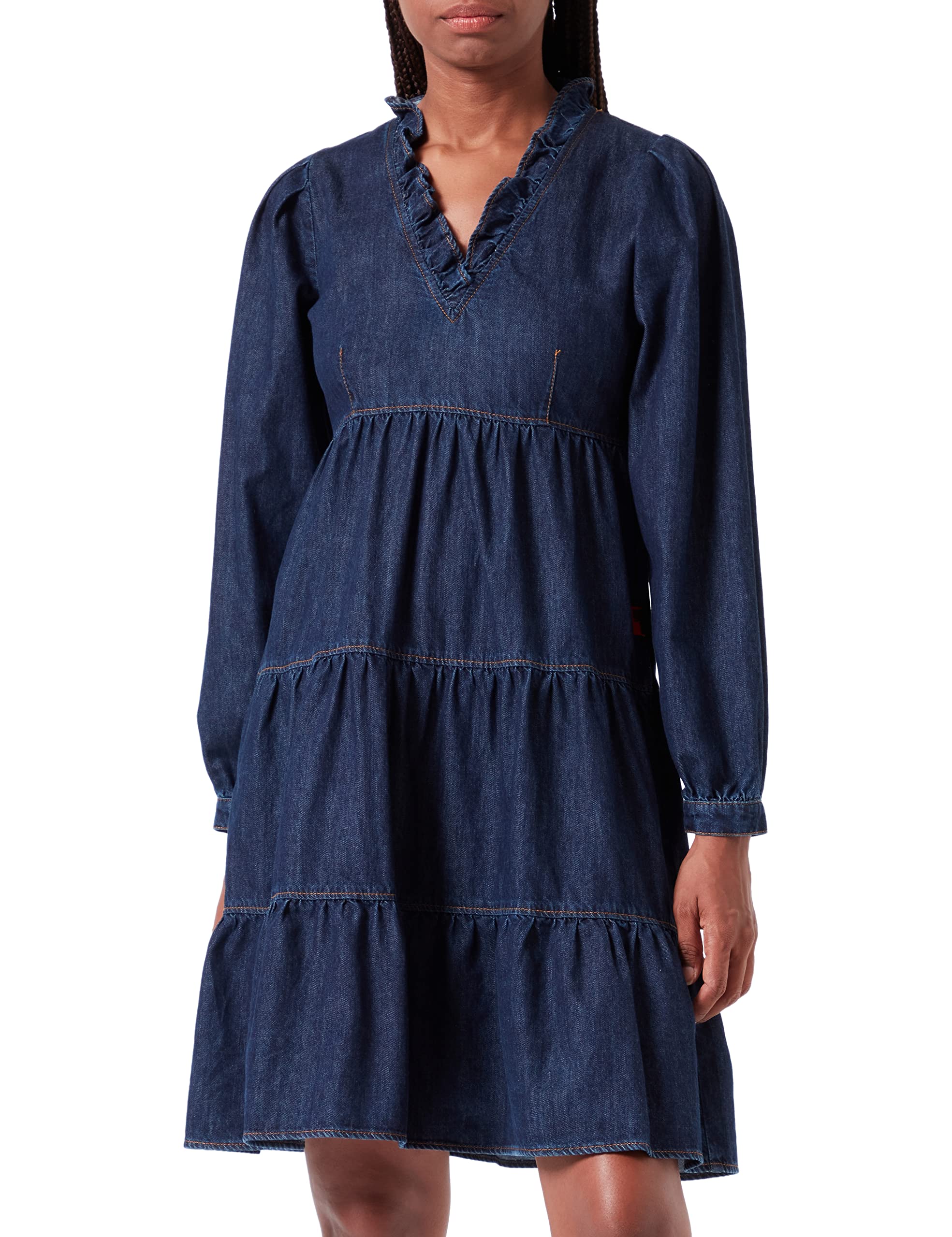 Love Moschino Damen Long Sleeves in Light 100% Cotton Denim With V Neck Dress, Dark Blue Denim, 46 EU