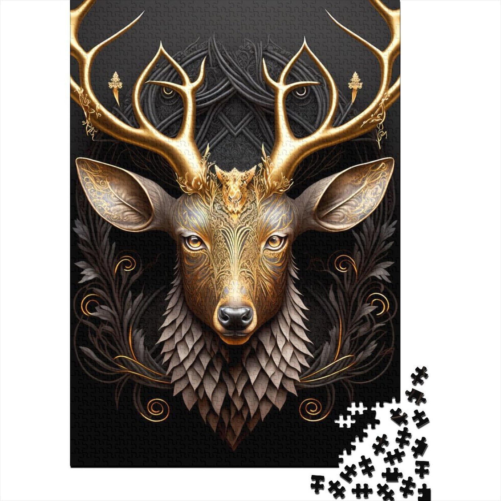 Schwieriges, anspruchsvolles Puzzle, 1000 Teile, Queen Deer, goldenes Art-Deco-Holzpuzzle für Erwachsene, für anspruchsvolles Puzzlespiel und Familienspiel, 75 x 50 cm