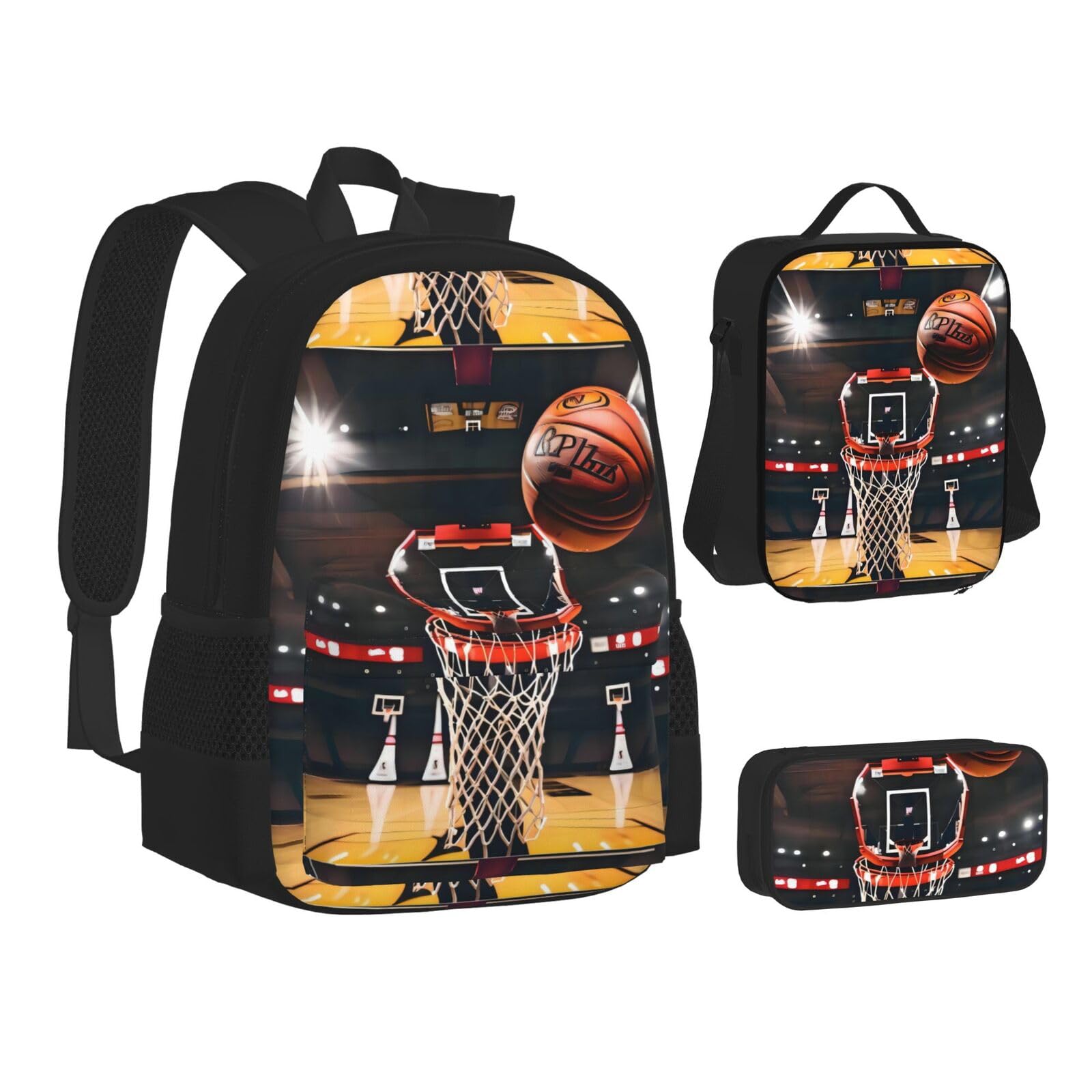 WURTON Lunchbox-Set mit Basketball-Druck, 3-in-1-Büchertasche und Federmäppchen, passende Kombination