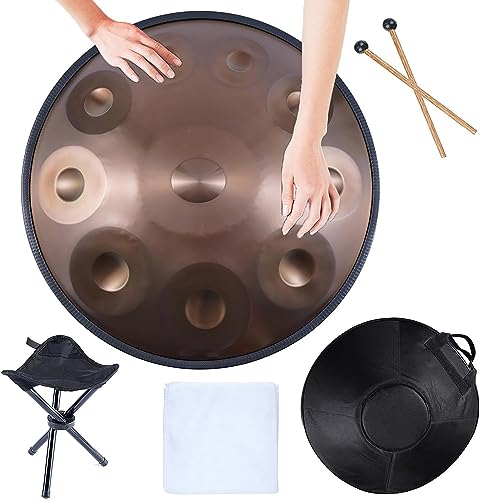 9/10/12 Hinweis Handpfannentrommel, 22 Zoll in d-Moll Handtrommel, Steel Drum Percussion mit Handpan-Ständer und weiche Handpan-Tasche, Handtrommel aus Stahl für Erwachsene,Gold,10 Notes