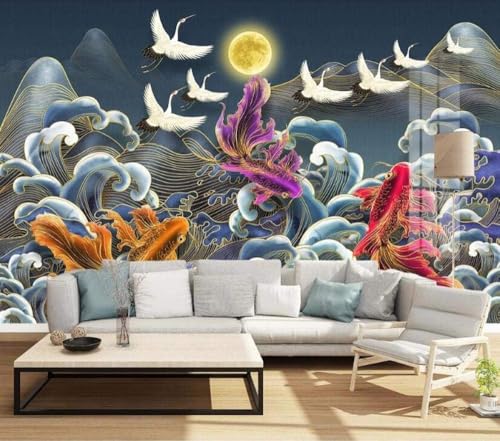 Abstrakt Wellen Fisch Kranich Mond 3D Tapete Poster Restaurant Schlafzimmer Wohnzimmer Sofa TV Dekorative Wand-300cm×210cm