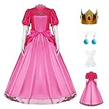 AYYOHON Prinzessin Pfirsich Kostüm Frauen 2023 Super Brothers Cosplay Kleid Krone Ohrringe Handschuhe Komplettes Set Erwachsene Halloween Anzug S