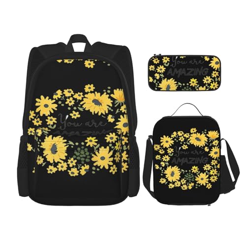 WURTON Rucksack mit wildem Gänseblümchen-Aufdruck, für Mädchen und Jungen, Schultaschen, Teenager, Lunchbox und Federmäppchen, 3-in-1-Büchertaschen-Set