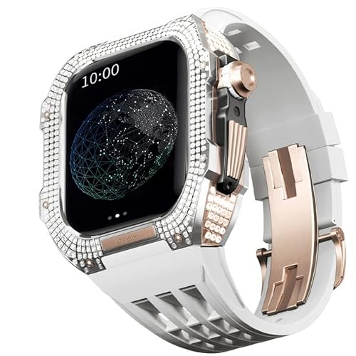 KANUZ Uhren-Modifikationsset, Luxus-Uhrenarmband-Set für Apple Watch 8 Ultra, 45 mm, luxuriöses Viton-Armband, Titangehäuse für iWatch 7, 8, 45 mm, Upgrade-Modifikation (Farbe: Weiß 6, Größe: 45 mm)