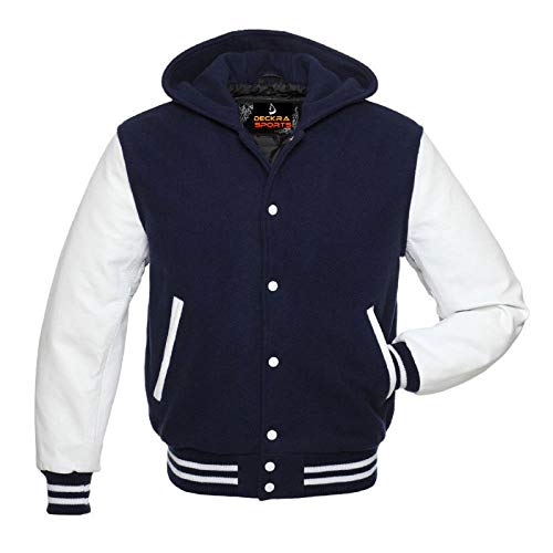 Herren Varsity Jacke mit Kapuze aus Rindsleder und Wolle Letterman College Top Coat (Marineblau, Medium)