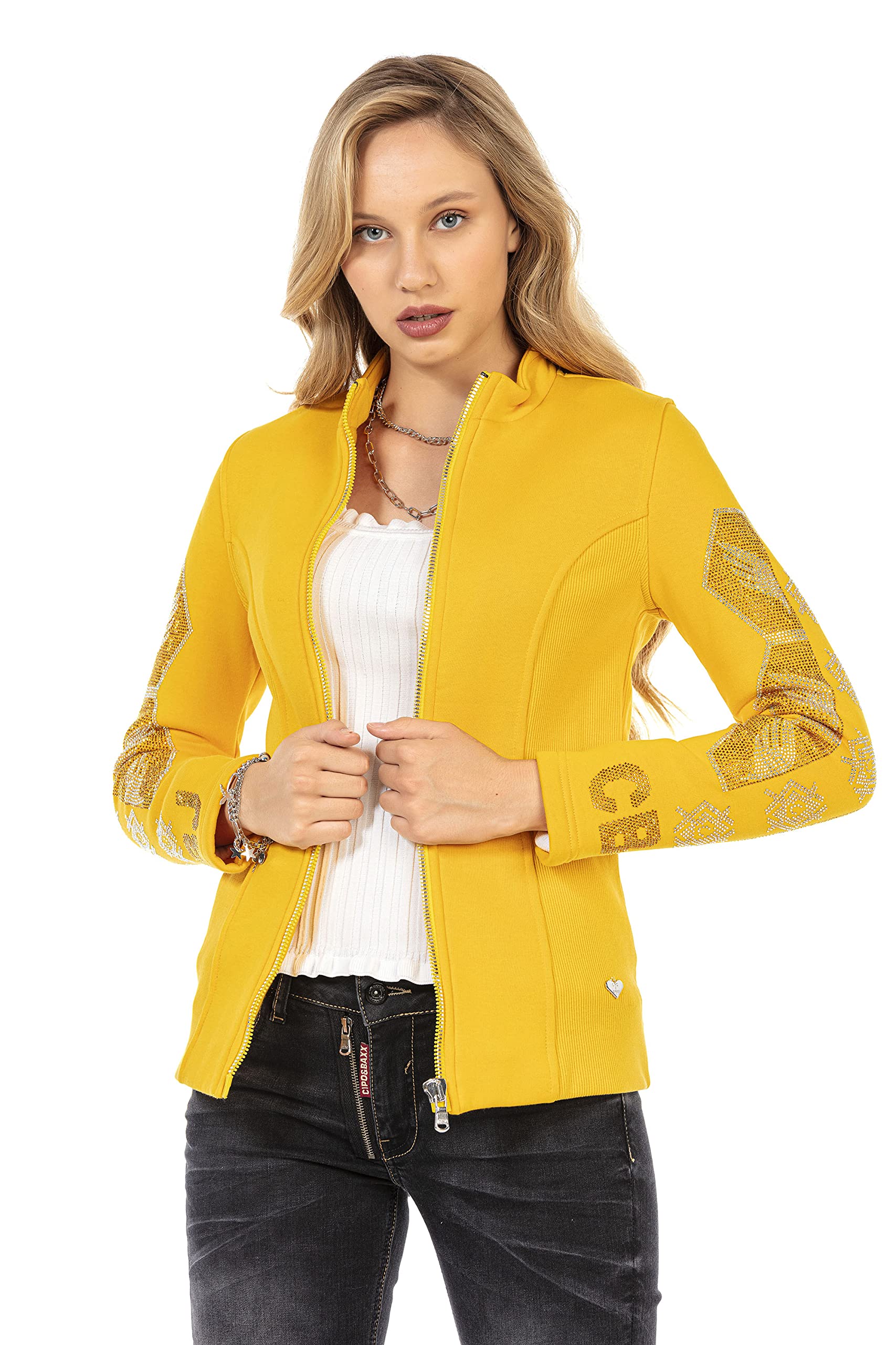 Cipo & Baxx Damen Jacke Strasssteine Blazer Reißverschluss WJ197 Yellow S