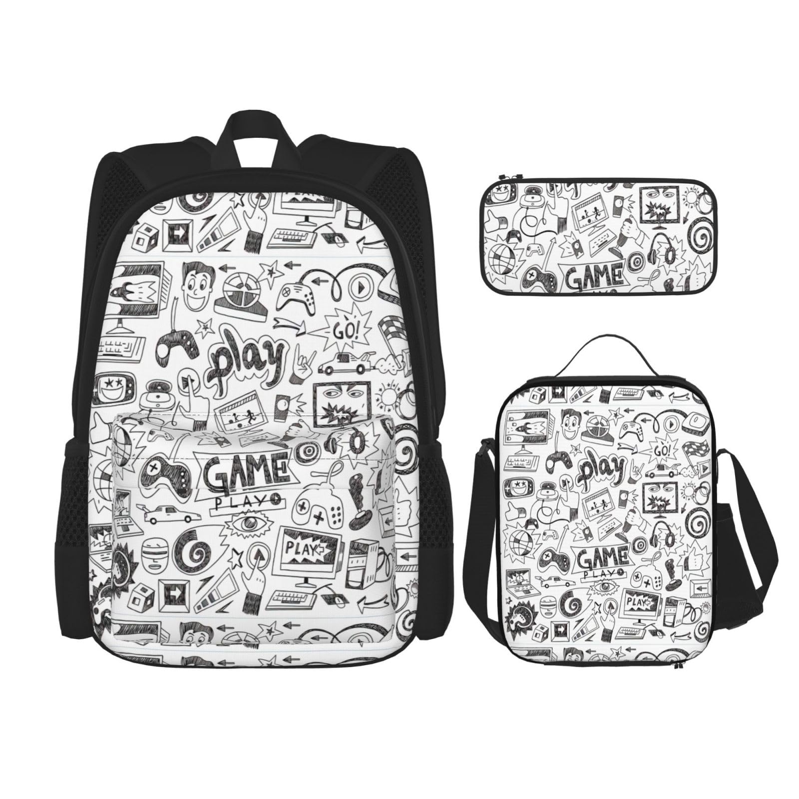 WURTON Videospiel Jungen Druck Reise Lunchbox Federmäppchen Rucksack Set 3 Stück Verstellbare Träger Leicht, Schwarz, Einheitsgröße