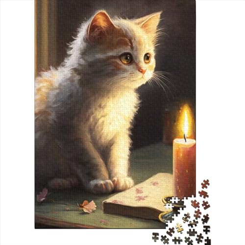 1000-teiliges Puzzle für Erwachsene, Katzen- und Kerzenmalerei, recycelte Holzplatte, schwieriges Puzzle (Größe 75 x 50 cm)