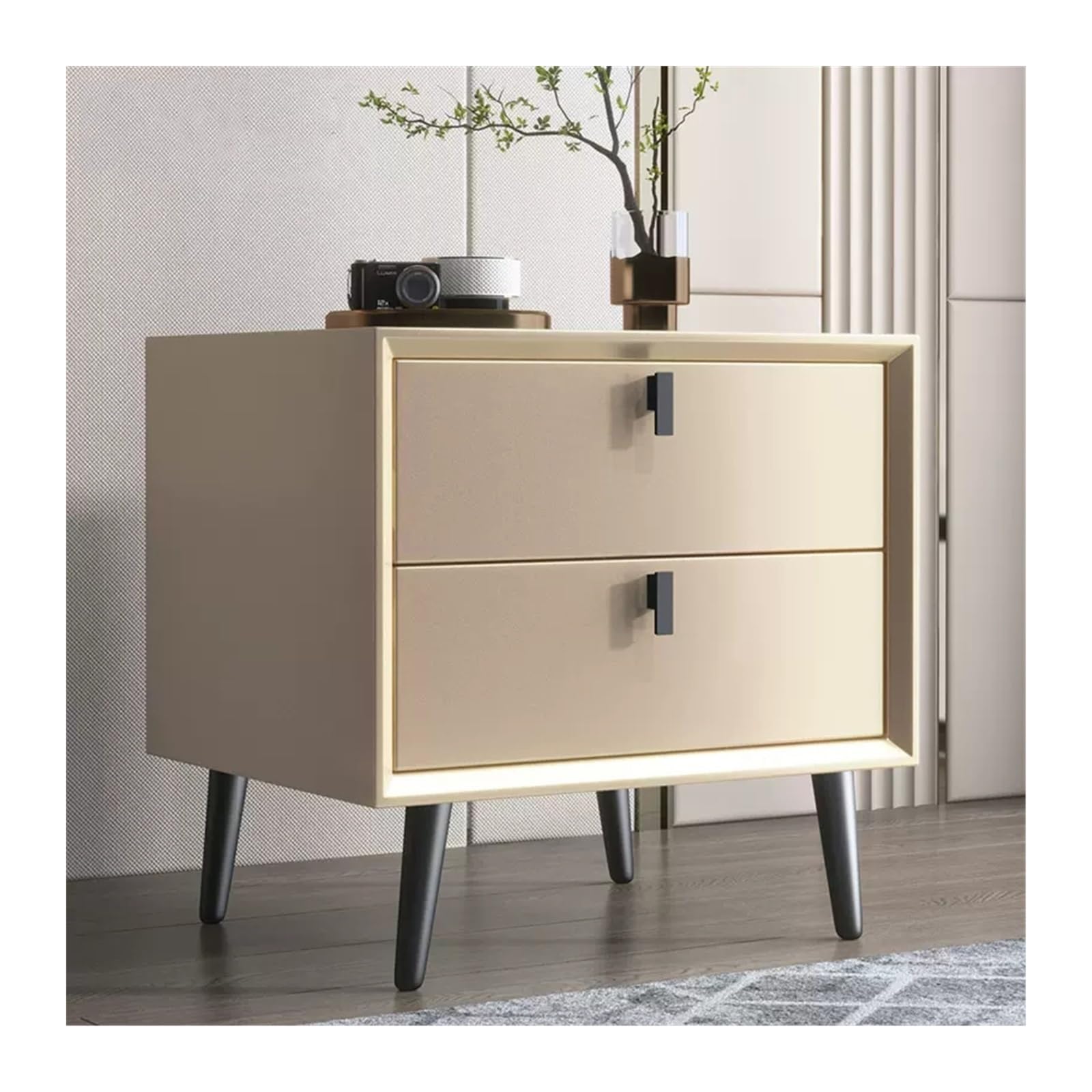 Nachtschrank Ganzholz-Nachttisch, moderner, einfacher Schlafzimmer-Nachttisch mit zwei Schubladen, kleiner einfarbiger, erhöhter Schrankbeine, Nachttischmöbel Stauraum für Schlafzimmer(Beige,Mittel)