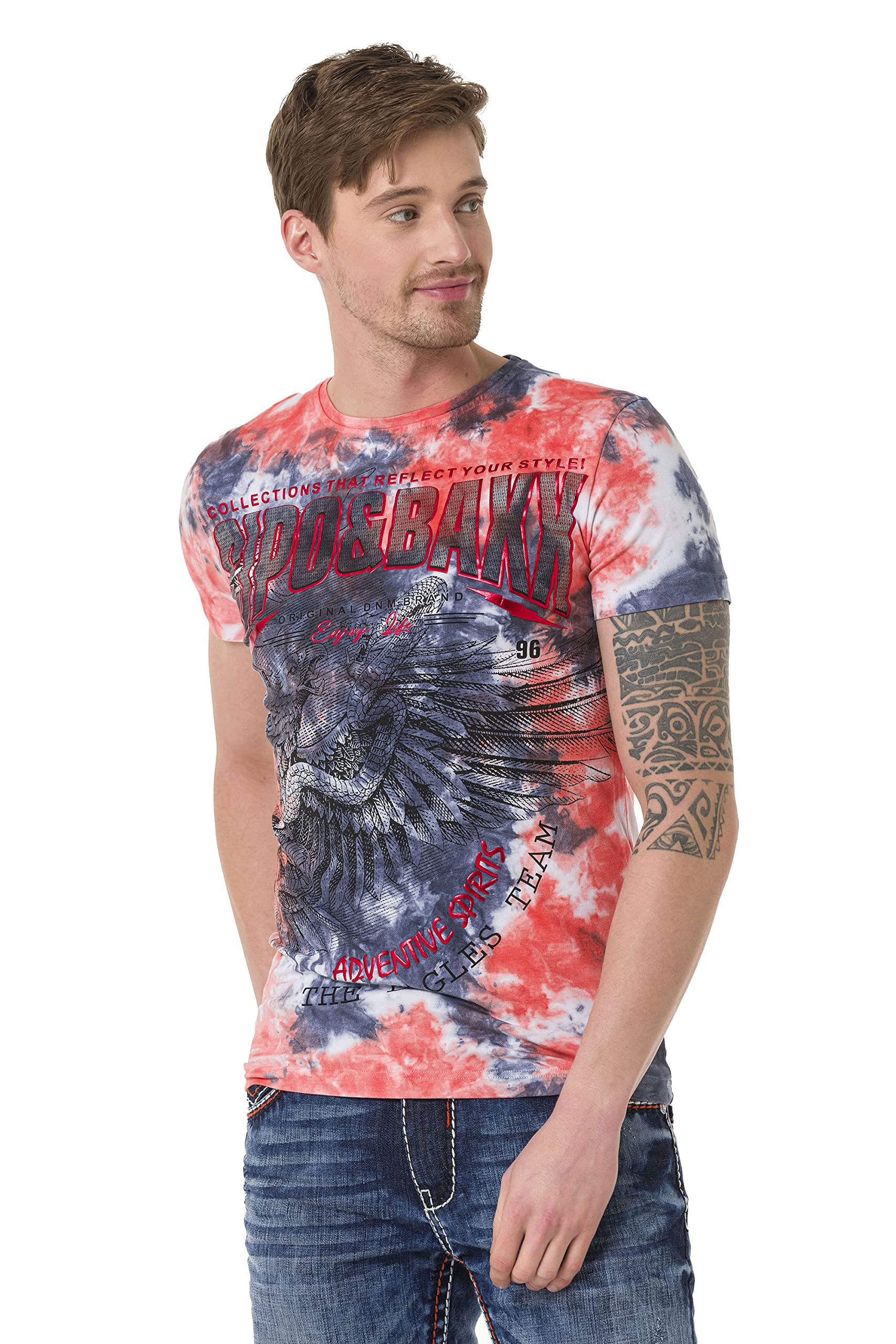 Cipo & Baxx Herren T-Shirt Allover Print Batik Design Kurzarm Rundhals Shirt CT682 Orange S