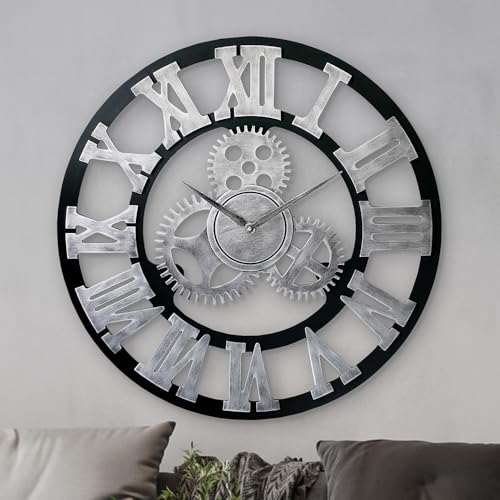 LW Collection Wanduhr XL Levi grau mit römischen Ziffern 80cm - Wanduhr Römische Ziffern - Industrielle Wanduhr - Große Wanduhr - Nicht tickend - geräuschlos – batteriebetrieben - industrial design