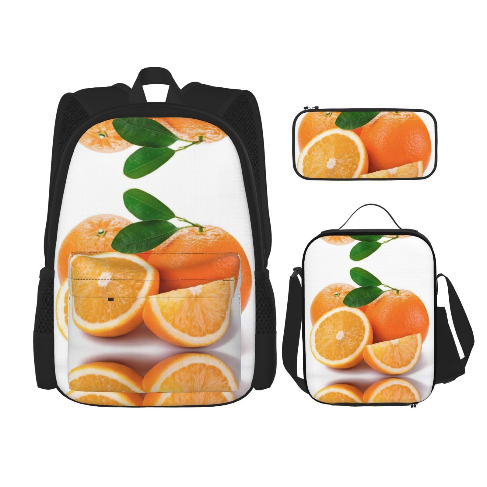 WURTON Rucksack-Set mit verstellbaren Schulterriemen, orangefarbener Druck, Lunch-Tasche, Federmäppchen, Kombinationstaschen-Set