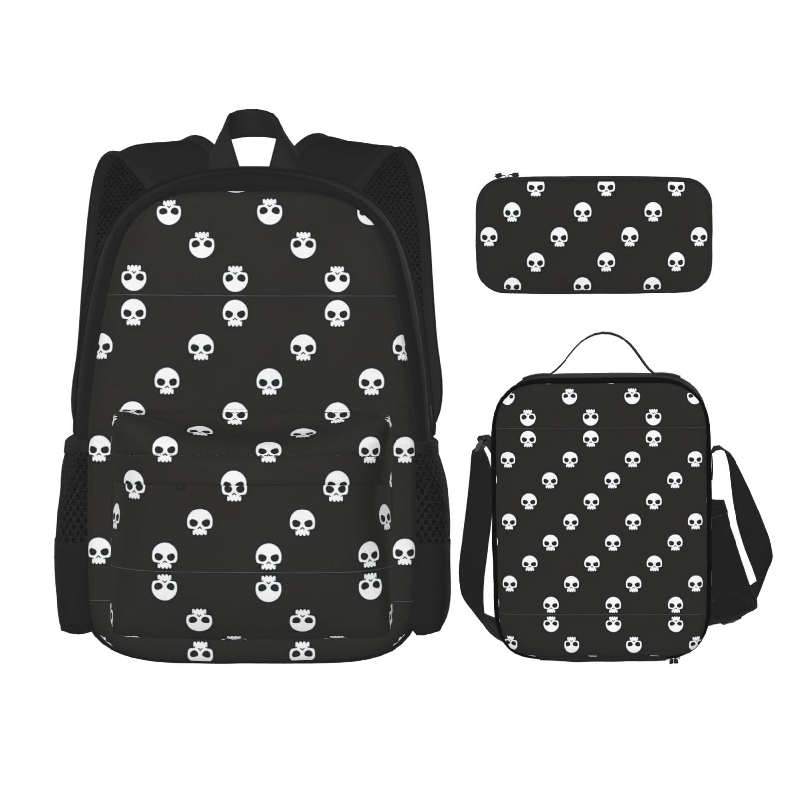 WURTON Lunchbox mit Totenkopf-Motiv, Federmäppchen, Rucksack-Set, 3-teilig, verstellbare Riemen, langlebig, leicht, Schwarz, One Size