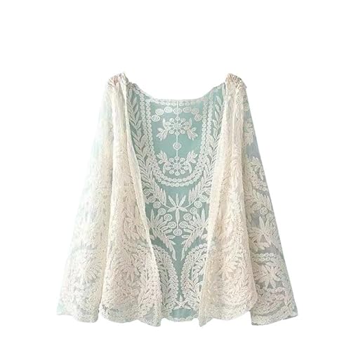 CuLtP Bolero Jacke Spitzen Cardigans Für Damen Netz Stickerei Durchsichtige Strickjacke Sommer Boho Strand Cover Ups Häkel Spitzen Achselzucken Für Abendkleider Hochzeitsjacke Beige M