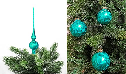 JACK by Thüringer Glas Eislack Christbaumspitze 28cm + 12x Christbaumkugeln 6cm Spitze Weihnachtskugel Set, Farbe:Petrol