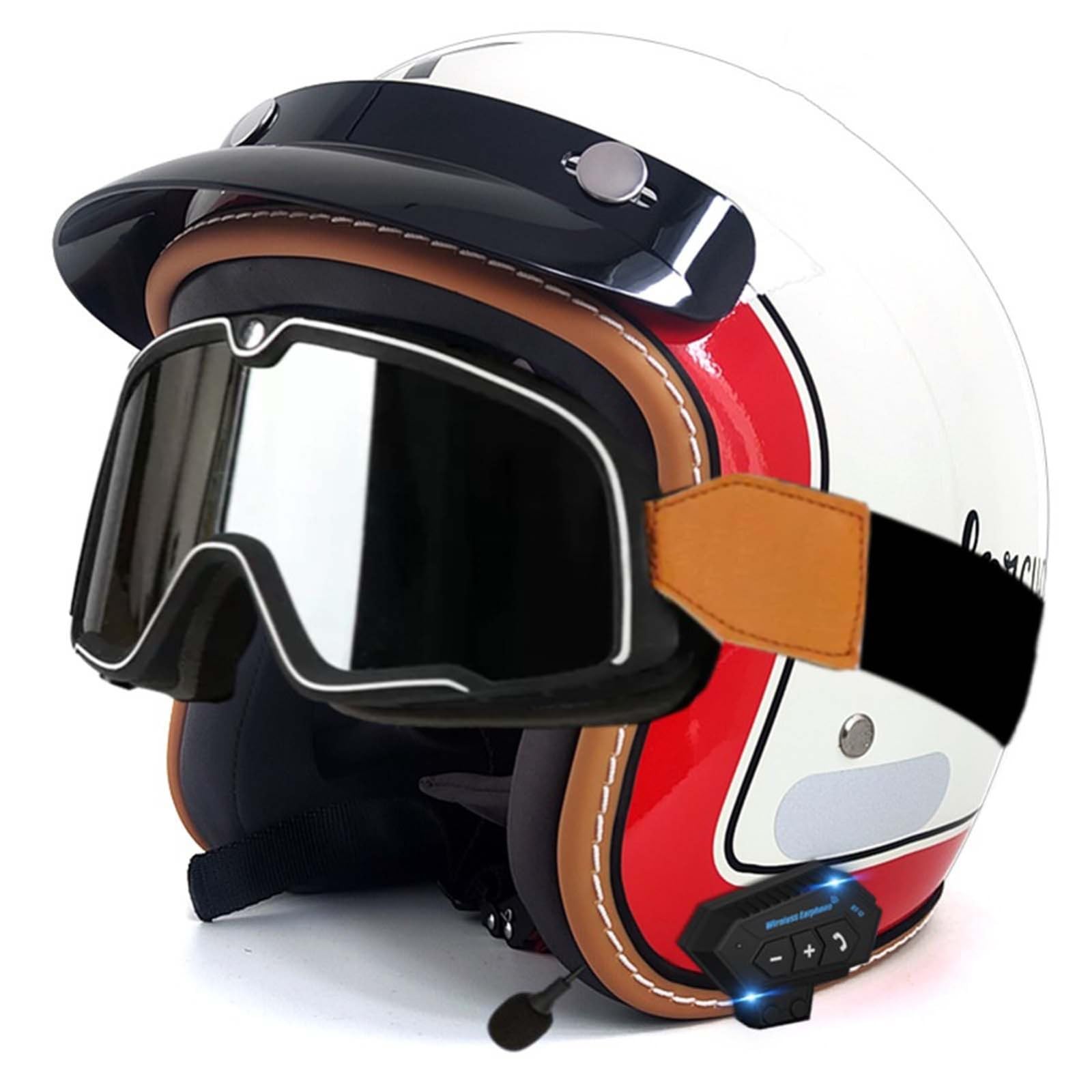 Open-Face-Helm Für Erwachsene, Bluetooth-Halbhelm, Leichter, Atmungsaktiver Retro-Scooter-Helm Mit Schnalle, DOT/ECE-Zulassung Für Männer Und Frauen B,L59-60CM