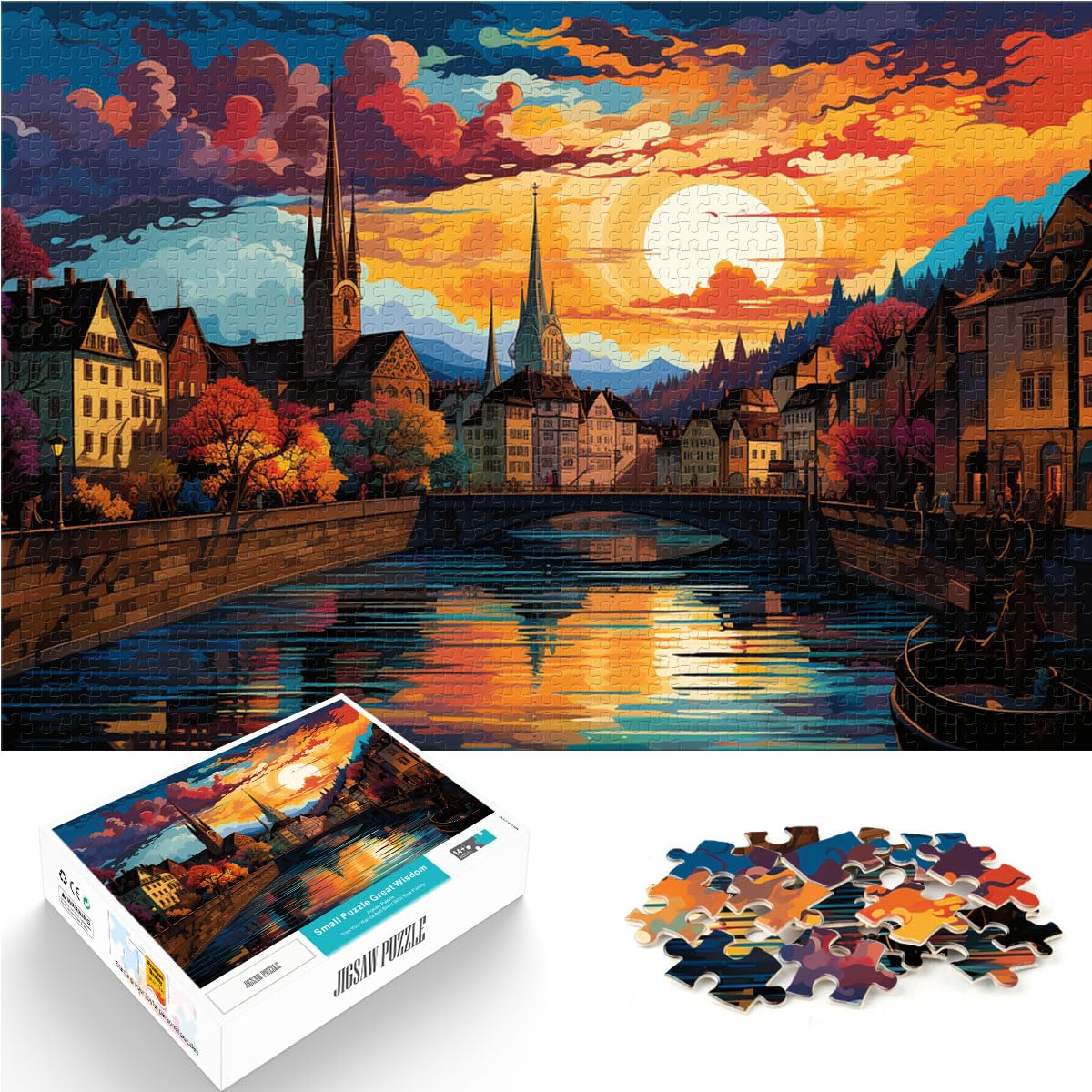 Puzzlespiele Die farbenfrohe Psychedelie der Zürcher Altstadt. Lustige Puzzles für Erwachsene, 1000-teiliges Holzpuzzle, Lernspielzeug, 1000 Teile (50 x 75 cm)