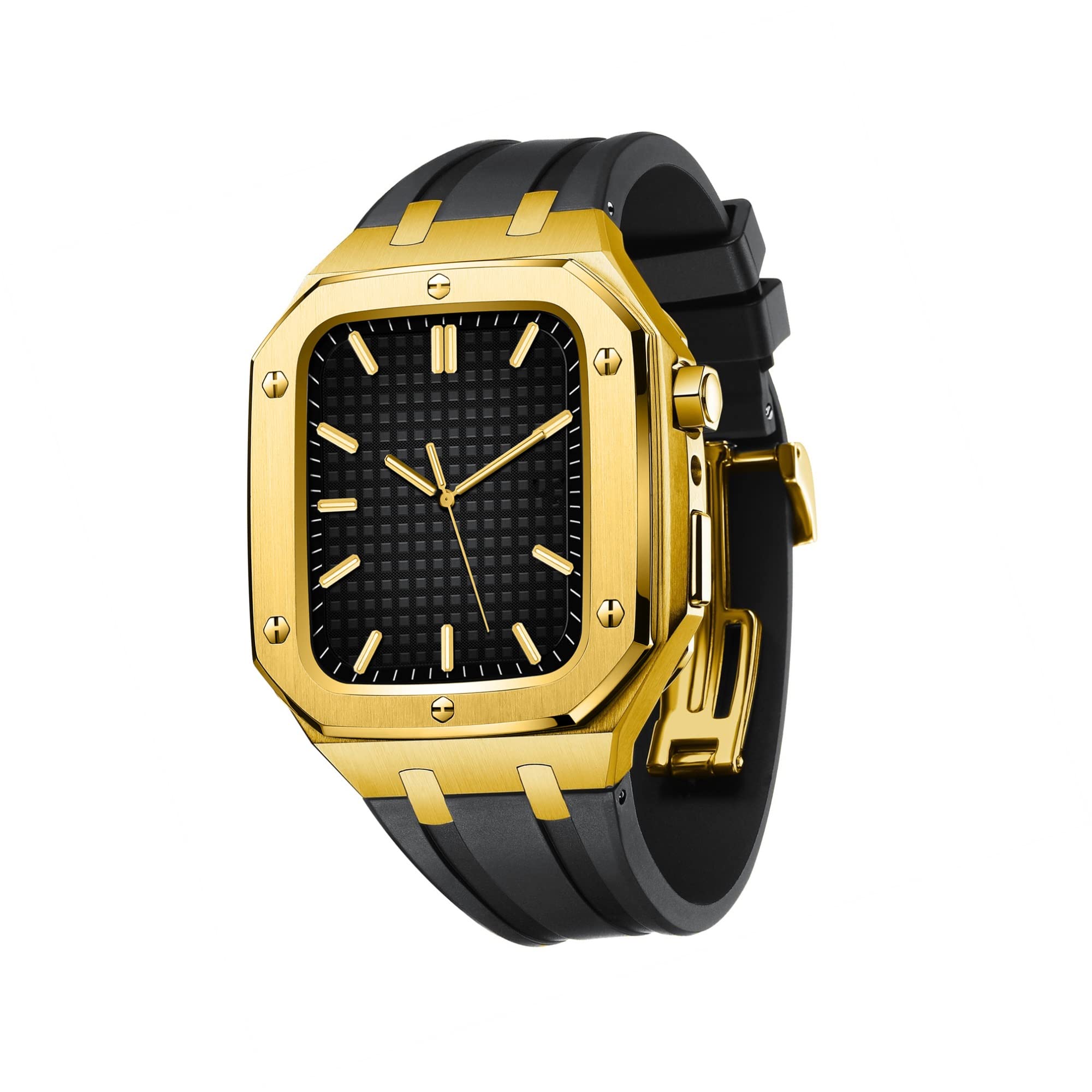 KANUZ Herren und Damen, Militär-Metallgehäuse für Apple Watch, 45 mm, 44 mm, Silikonband, stoßfest, Stoßstange, Business-Casual-Stil, Uhrenarmband für iWatch Serie 7/SE/6/5/4 (Farbe: Gold-Schwarz,