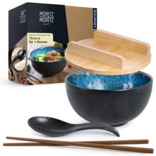 Moritz & Moritz Ramen Blau Reaktiv inklusive Deckel und Löffel Schwarzes Ramen Bowl Set für 1 Person – Für Suppe, Pho und Sushi Bowl