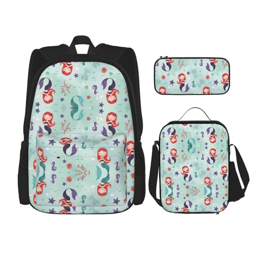 WURTON Wunderschöner Schulrucksack mit Meerjungfrauen-Aufdruck, 3-in-1, Büchertasche, Set mit Lunchbox, Federmäppchen, Reise, Laptop, Tagesrucksack