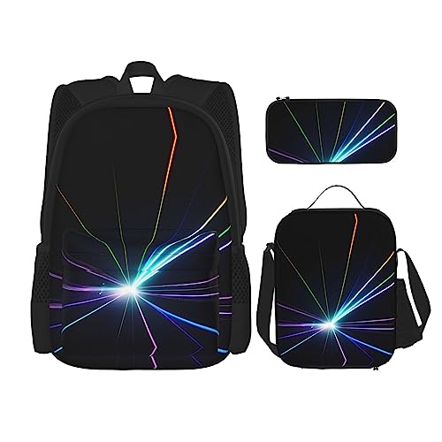 WURTON Laser-Lichtdruck-Lunchbox, Federmäppchen, Rucksack-Set, 3-teilig, verstellbare Riemen, langlebig, leicht, Schwarz, One Size