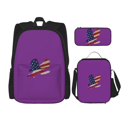 WURTON Rucksack mit amerikanischem Adler und Flagge, für Mädchen, Jungen, Schultaschen, Teenager, Lunchbox und Federmäppchen, 3-in-1-Büchertaschen-Set