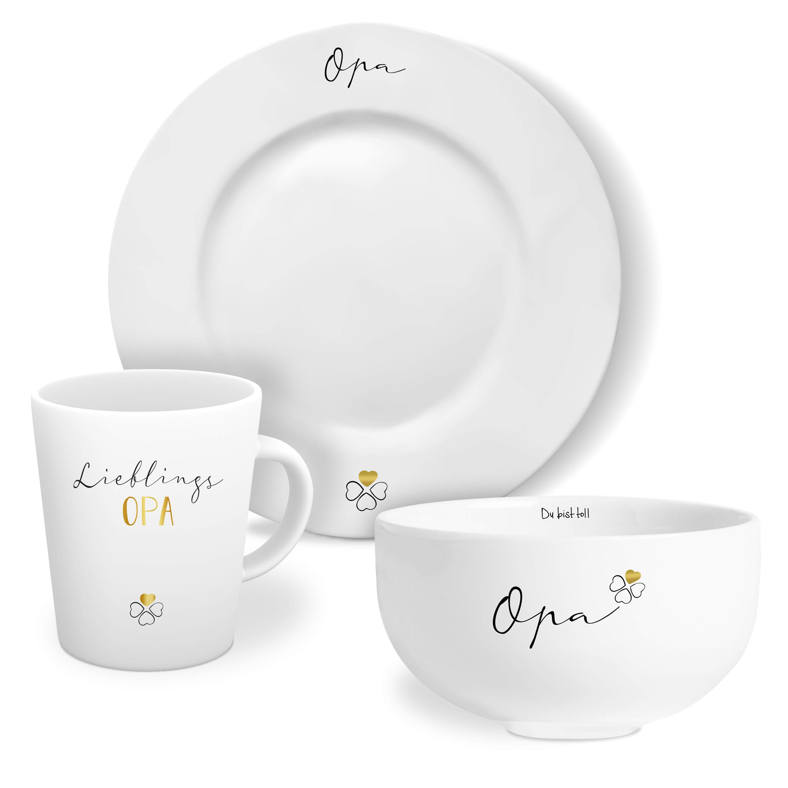 MINTKIND® Geschirr Set "Lieblingsopa": Kaffeetasse mit Teller und Schale - in weiß mit Echtgold-Dekor - Tolle Geschenke für Opa von Tochter, Sohn und Enkel