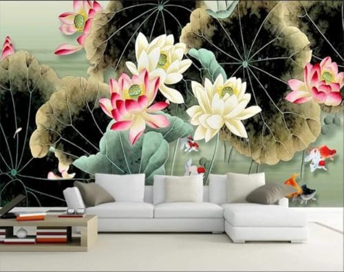 Lotusblume Lotosblatt Fisch 3D Tapete Poster Restaurant Schlafzimmer Wohnzimmer Sofa TV Dekorative Wand-400cm×280cm