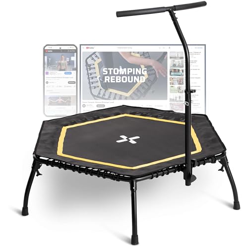 SportPlus Fitness Trampolin klappbar für zuhause, mit höhenverstellbarer Haltestange, gelenkschonend, weiche Gummiseilfederung, sehr leise & bis 130 kg belastbar, Gelb