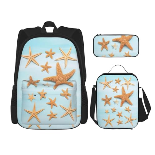 WURTON 3D Schöne Maritim Sommer Druck Reise Lunchbox Federmäppchen Rucksack Set 3 Stück Verstellbare Träger Leicht, Schwarz, Einheitsgröße