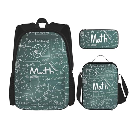 WURTON Formulas Shapes Theory Mathematikunterricht Wortdruck trendige Rucksacktaschen Lunchbox und Federmäppchen 3-in-1 verstellbares Rucksack-Set, schwarz, Einheitsgröße, Schwarz , Einheitsgröße