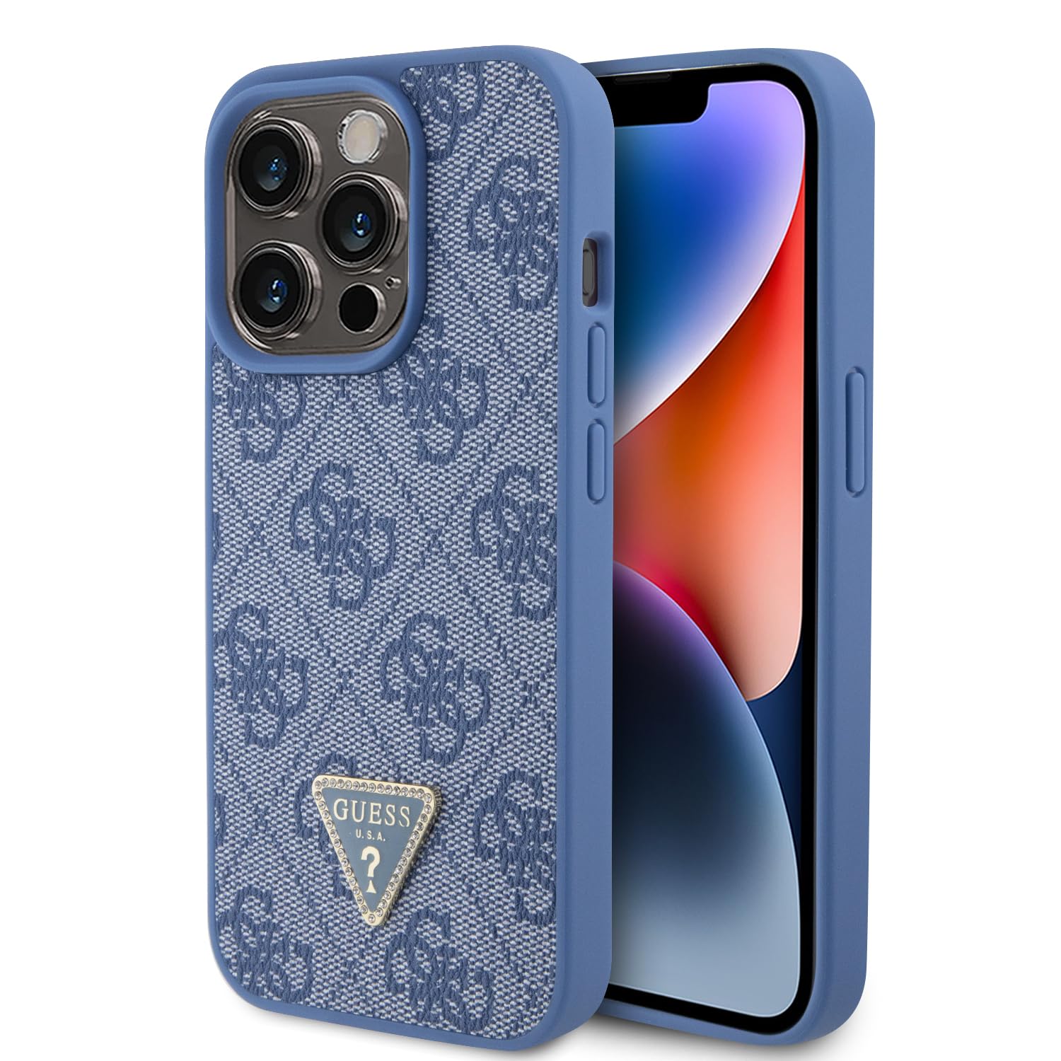 Guess GUHCP15LP4TDPB Hülle für iPhone 15 Pro 6.1" Blau hardcase Leather 4G Triangle Strass