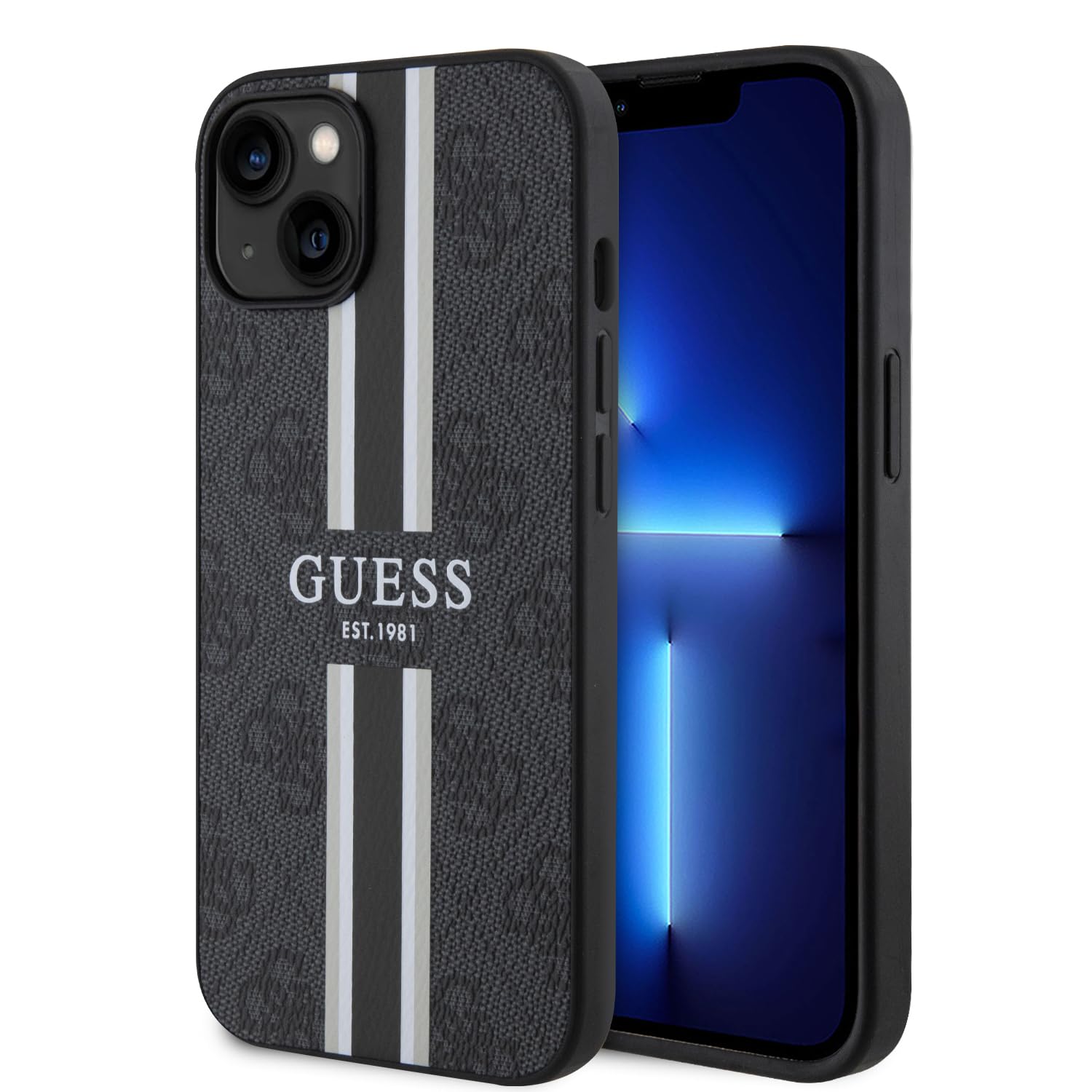 CG MOBILE Handyhülle für iPhone 15 - PC/TPU Schwarz Hardcase 4G Gedruckte Streifen - Guess