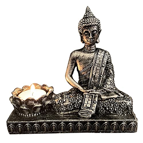 Uziqueif Buddha Kerzenständer Statue Skulptur Figur Deko Klein, Teelichthalter, Kerzenleuchter, Kerzenhalter, für Home Decoration Figuren Desktop Office Dekoration, Silber, Harz